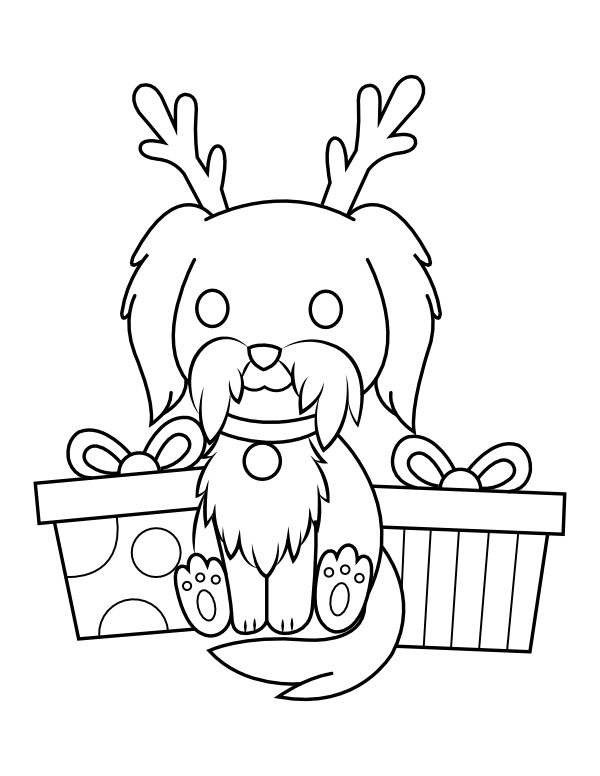 Printable dog and christmas gifts coloring page