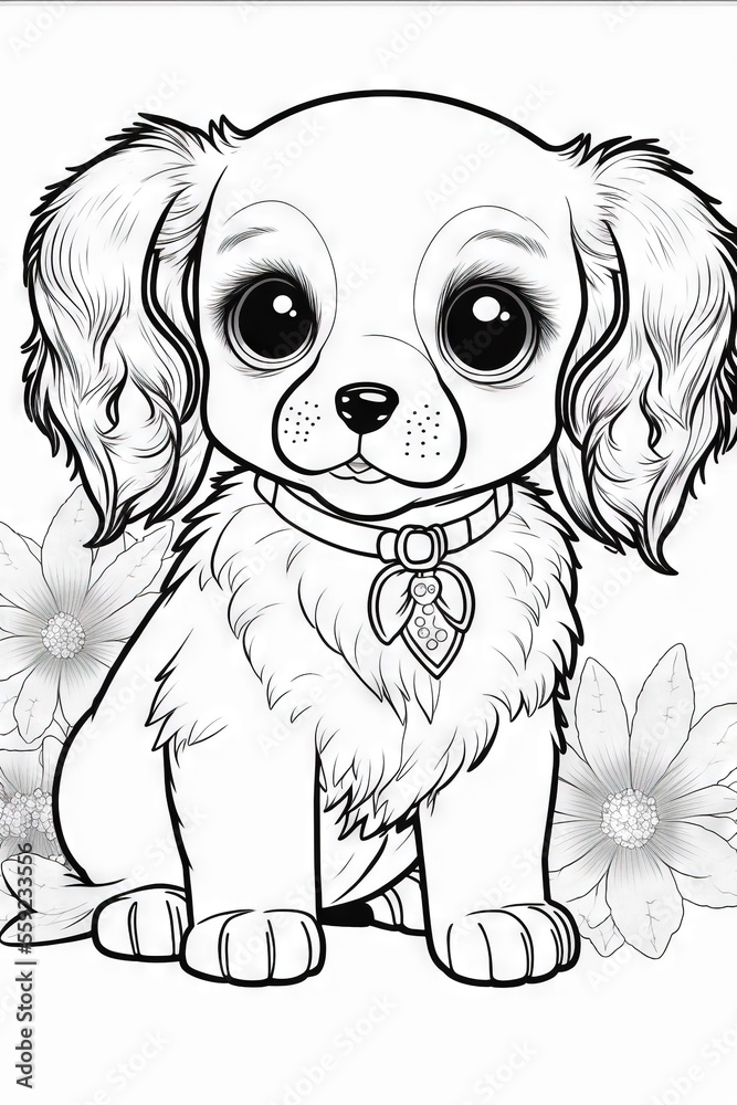 A puppy with big eyes sitting on a flower coloring page for kids and adults to