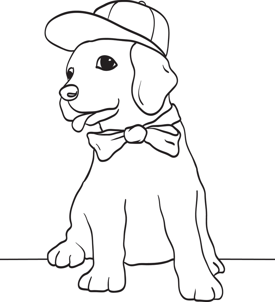 Printable puppy dog wearing a baseball cap and bow tie coloring page â