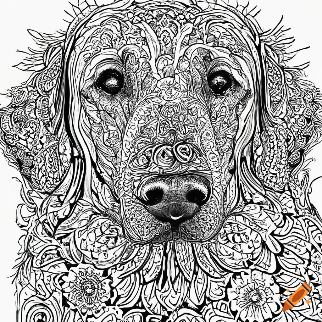 Image of a coloring page for adults mandala dog image golden retriever white background clean line art fine line art