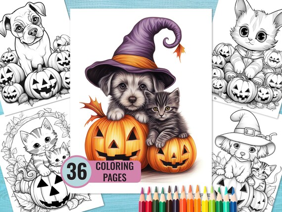 Halloween cute puppy coloring book printable coloring pages for kids and adults halloween kitten coloring page instant download