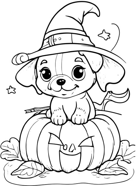 Premium vector halloween puppy delight witch hat and pumpkin coloring page vector