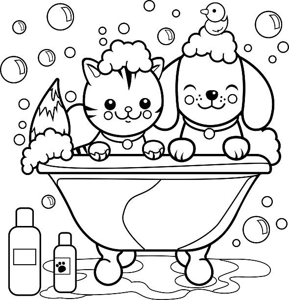 Dog and cat taking a bath coloring page stock illustration