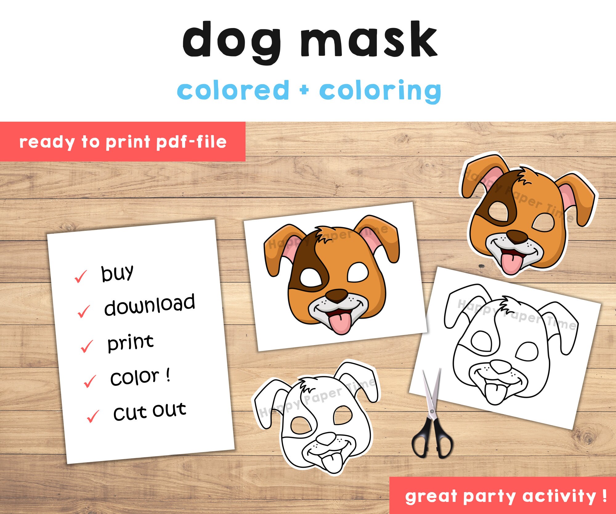 Dog puppy mask animal mask party favor pet printable dog costume coloring craft kids template