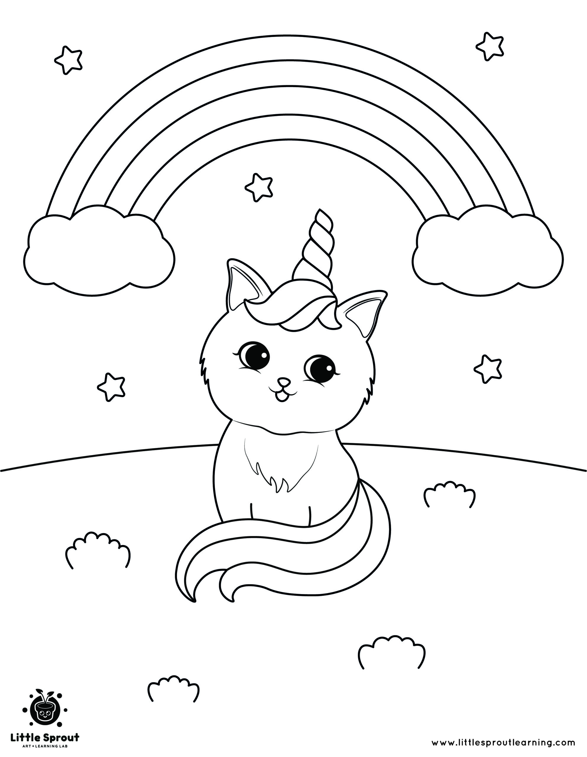 Rainbow field unicorn cat coloring page