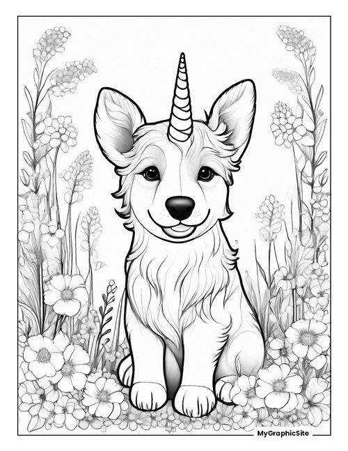 Colorful unicorn puppy coloring page for kids printable fun