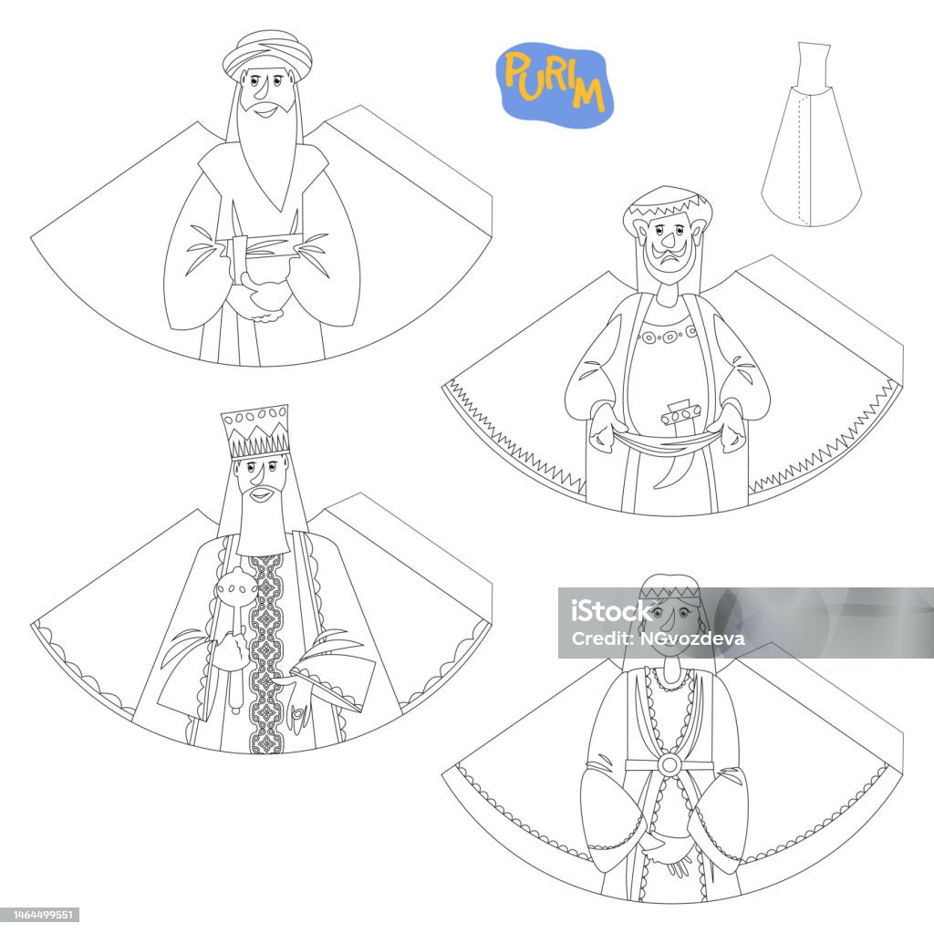 Template for d cut out figures of characters of esther book purim jewish holiday coloring pageåéåååæåäººåç