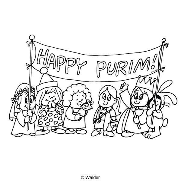 Happy purim banner over kids in costume walder education