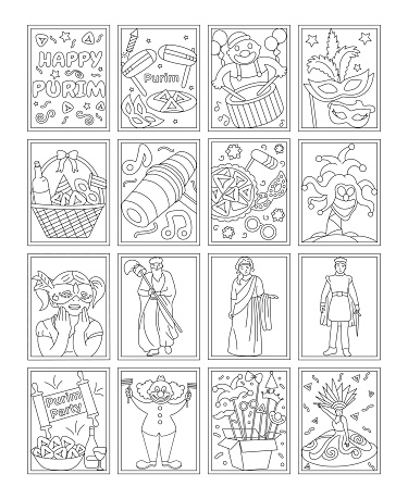 Pack of purim coloring pages templates stock illustration