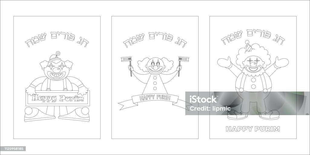 Purim coloring page with funny clowns can be used for kids fun activity educate and learning vector happy purim greeting in hebrew stock illustration