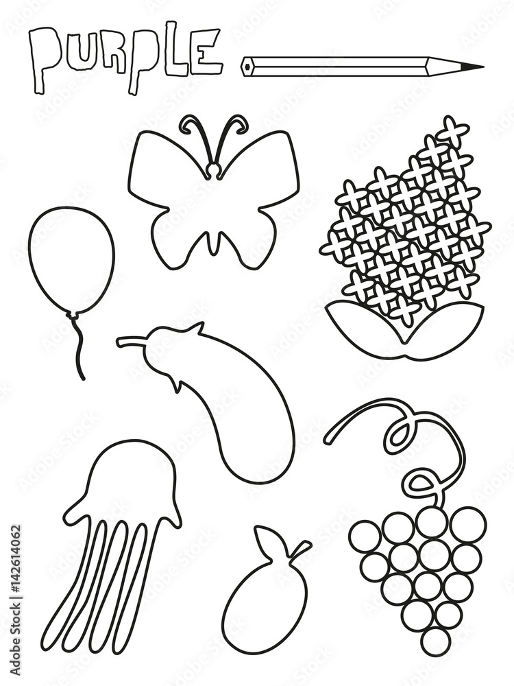 Coloring page purple things set single color worksheets balloon grape lilañ plum jellyfish eggplant butterfly vector illustration silhouette isolated object for education and activities vector