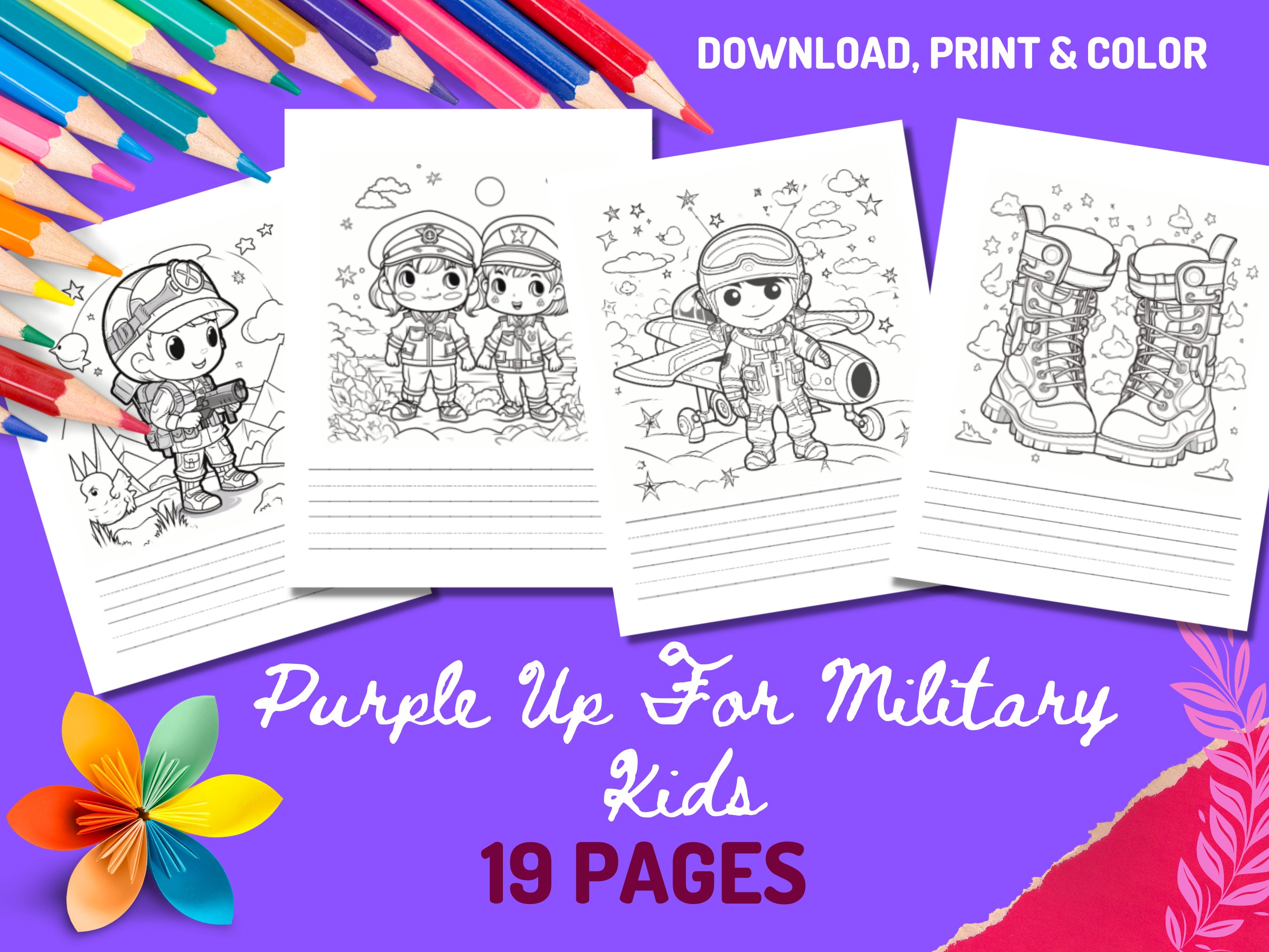 Purple up for military kids coloring pages digital download fun coloring pages in pdf military child army navy airforce chibi
