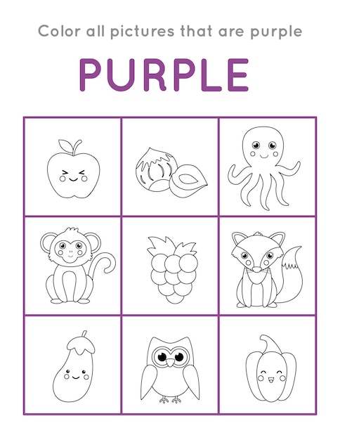 Premium vector color all objects that are in purple color educational coloring game for kids