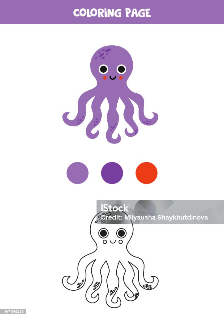 Color cute purple octopus worksheet for kids stock illustration