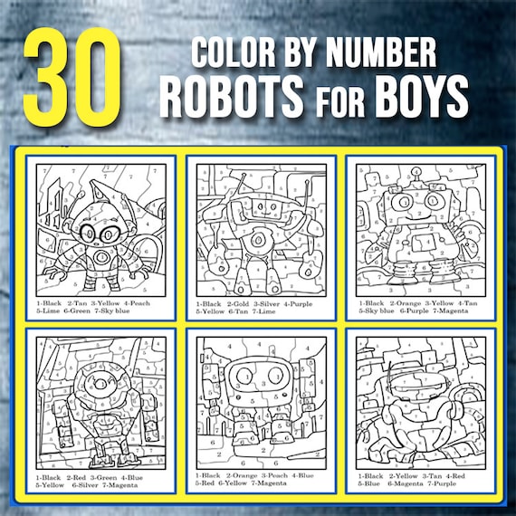 Best value color by number robot coloring pages instant download color by number coloring book for kids boys printable activity book