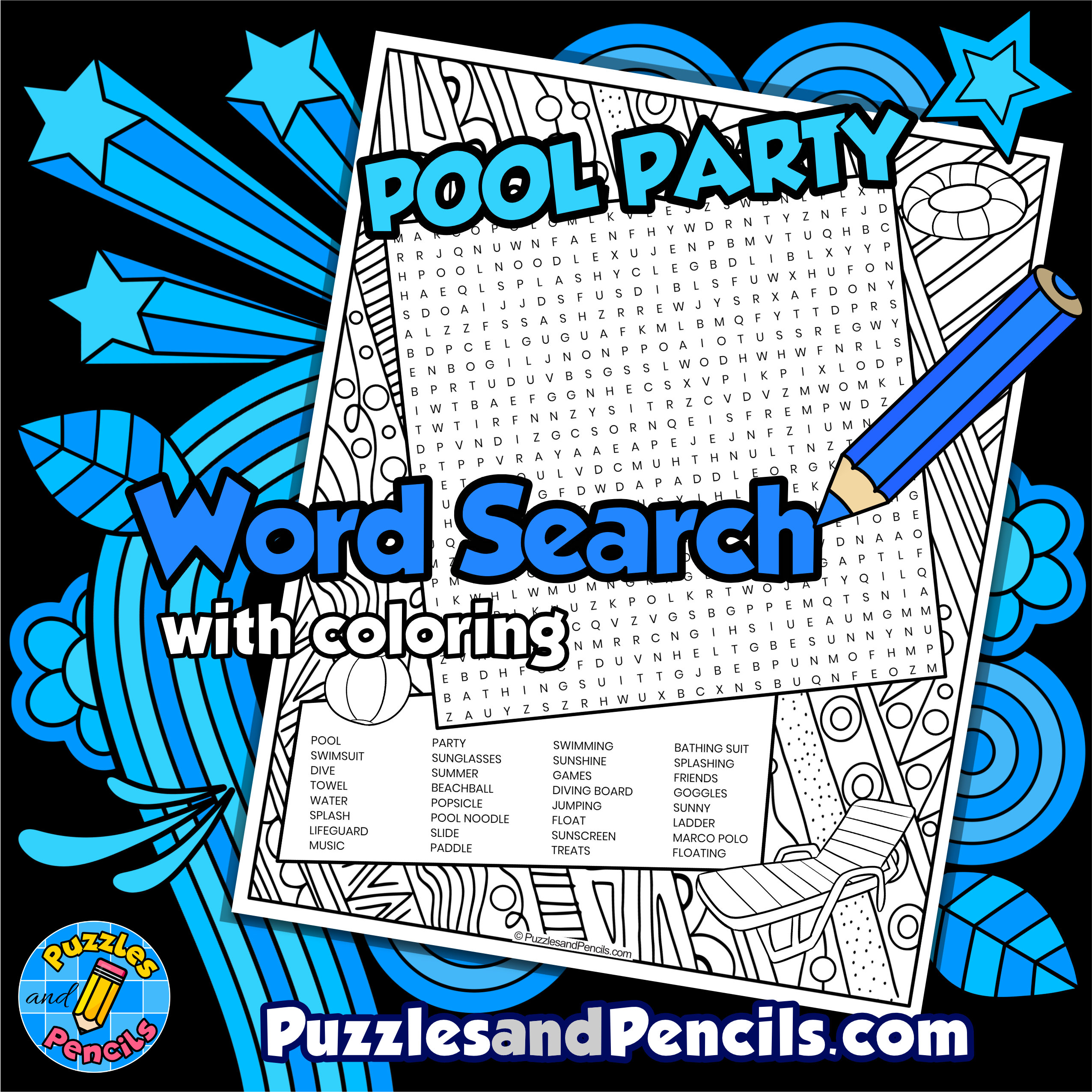Pool party word search puzzle with coloring summer wordsearch made by teachers