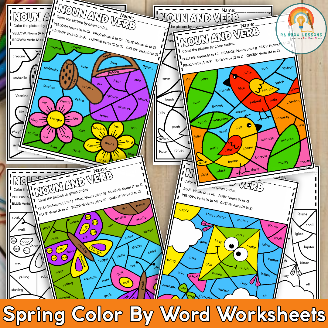 Spring color by code spring coloring pages noun and verb sort morning made by teachers