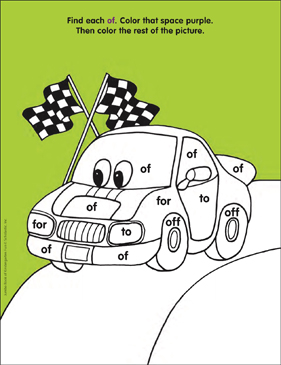 Race car of sight word find color page printable skills sheets