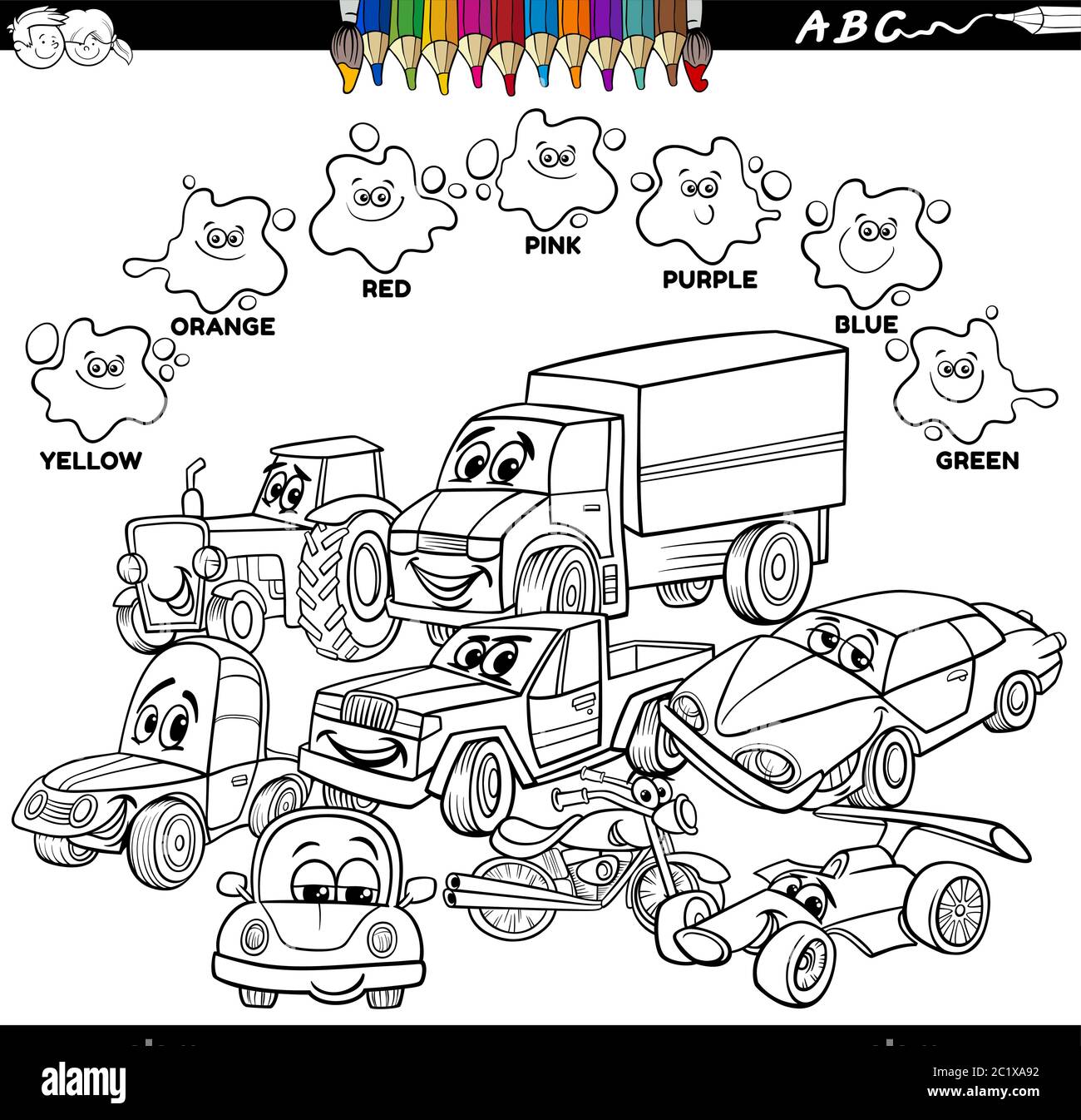 Black and white educational cartoon illustration of basic colors with cars and transport characters group coloring book page stock vector image art