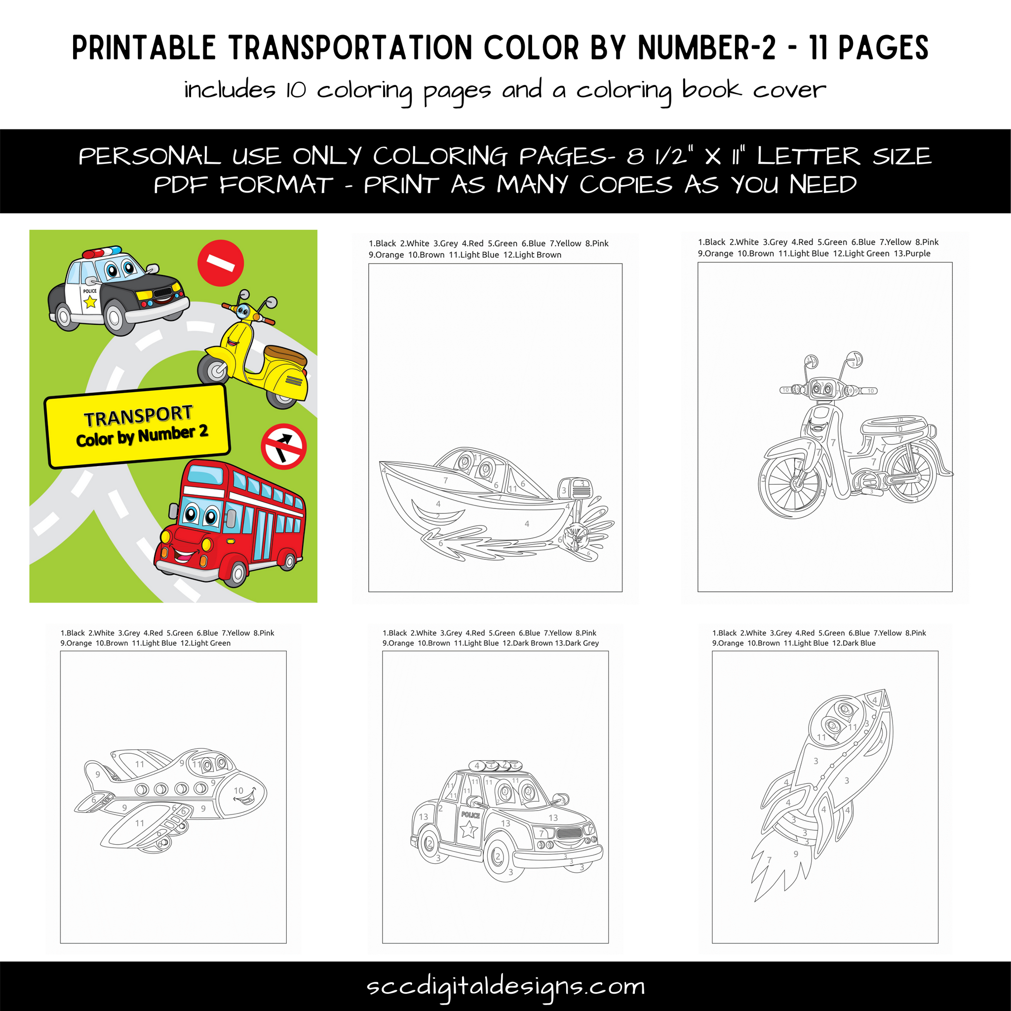 Color by number transportation printable coloring pages