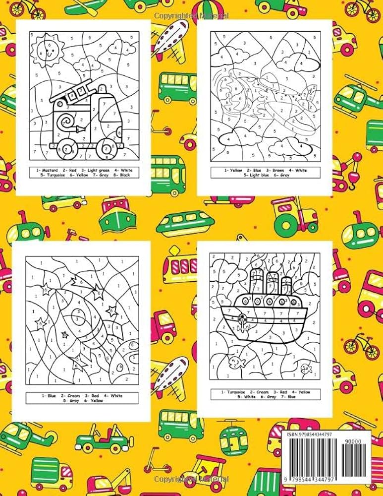 Vehicles colour by number coloring book for kids ages