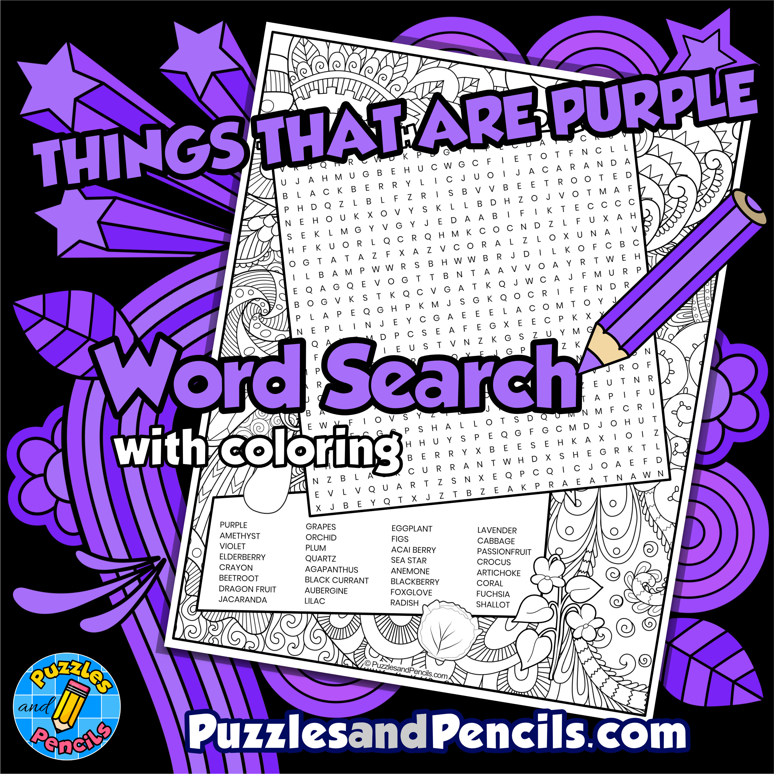 Things that are purple word search puzzle with coloring wordsearch made by teachers