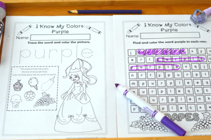 I know my colors printable work book series page workbook the color purple â miniature masterminds