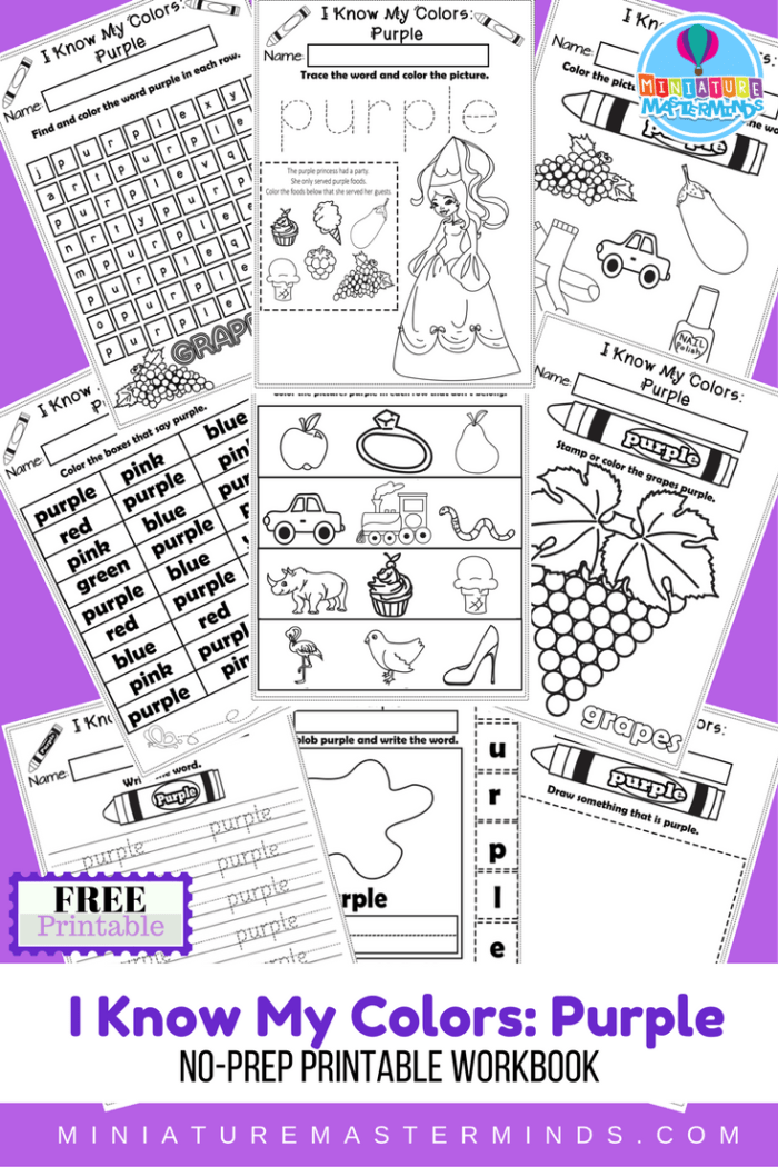 I know my colors printable work book series page workbook the color purple â miniature masterminds