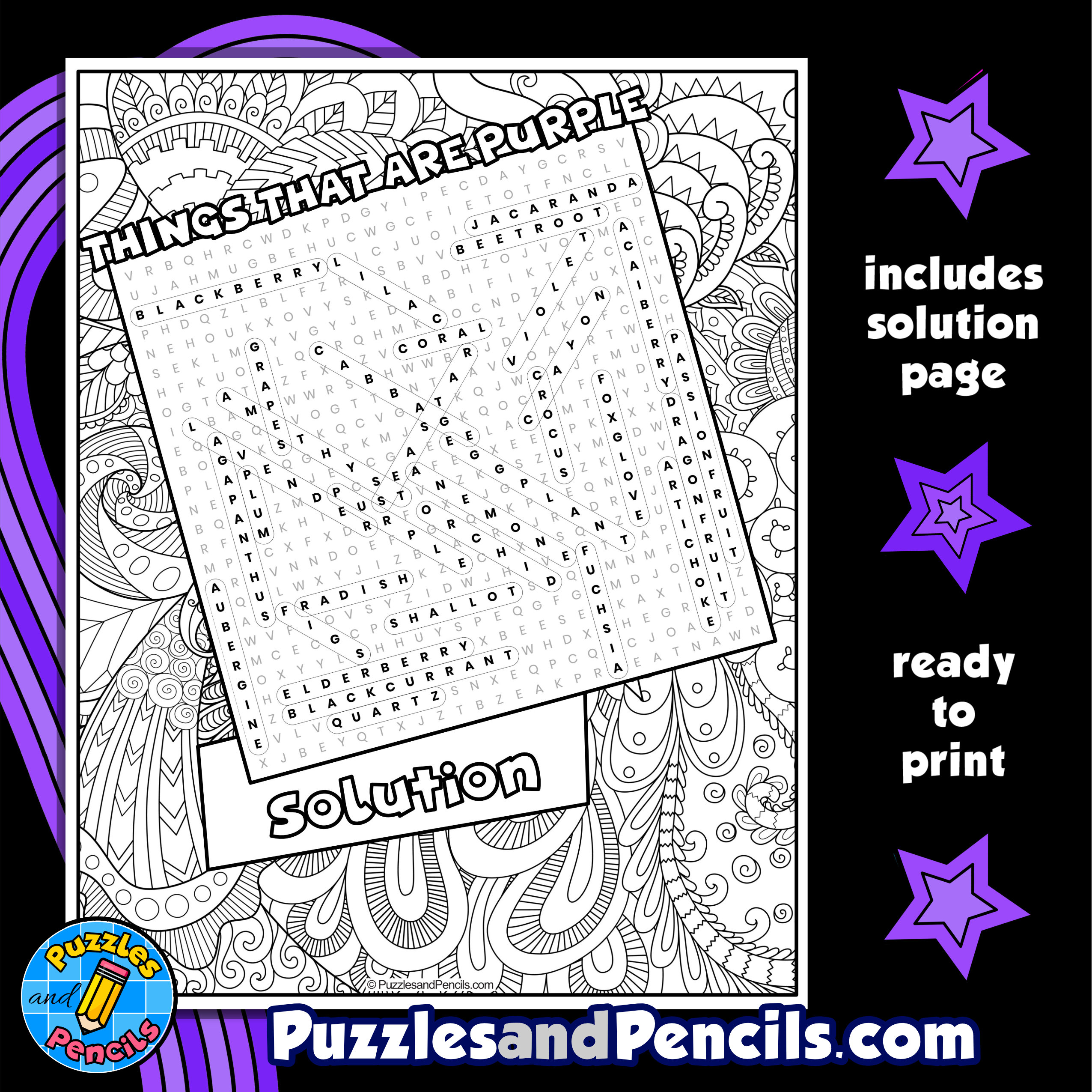 Things that are purple word search puzzle with coloring wordsearch made by teachers