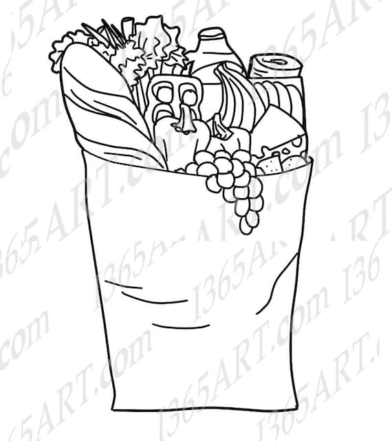 Grocery paper bag clipart grocery clip art digital stamp scrapbooking illustration coloring page hand drawn png jpeg download download now