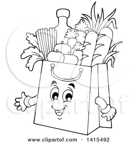 Clipart of a black and white lineart grocery bag character