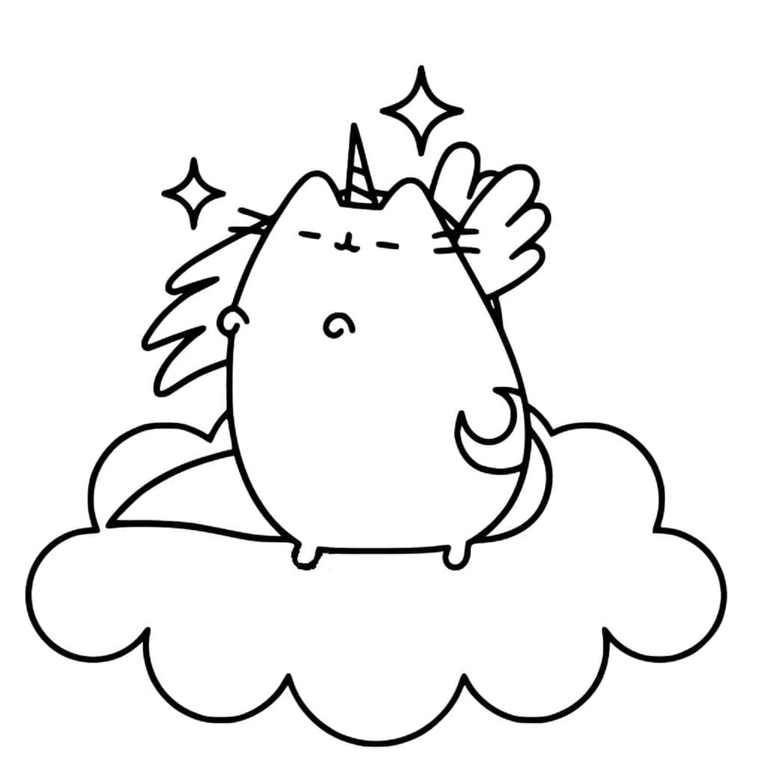 Pusheen on cloud coloring page