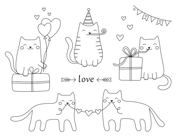 Cute cats celebrate valentines day or birthday funny kittens with gifts balloons hearts party horn blower cats in love festive childrens coloring book hand drawn vector illustration in cartoon doodle style isolated