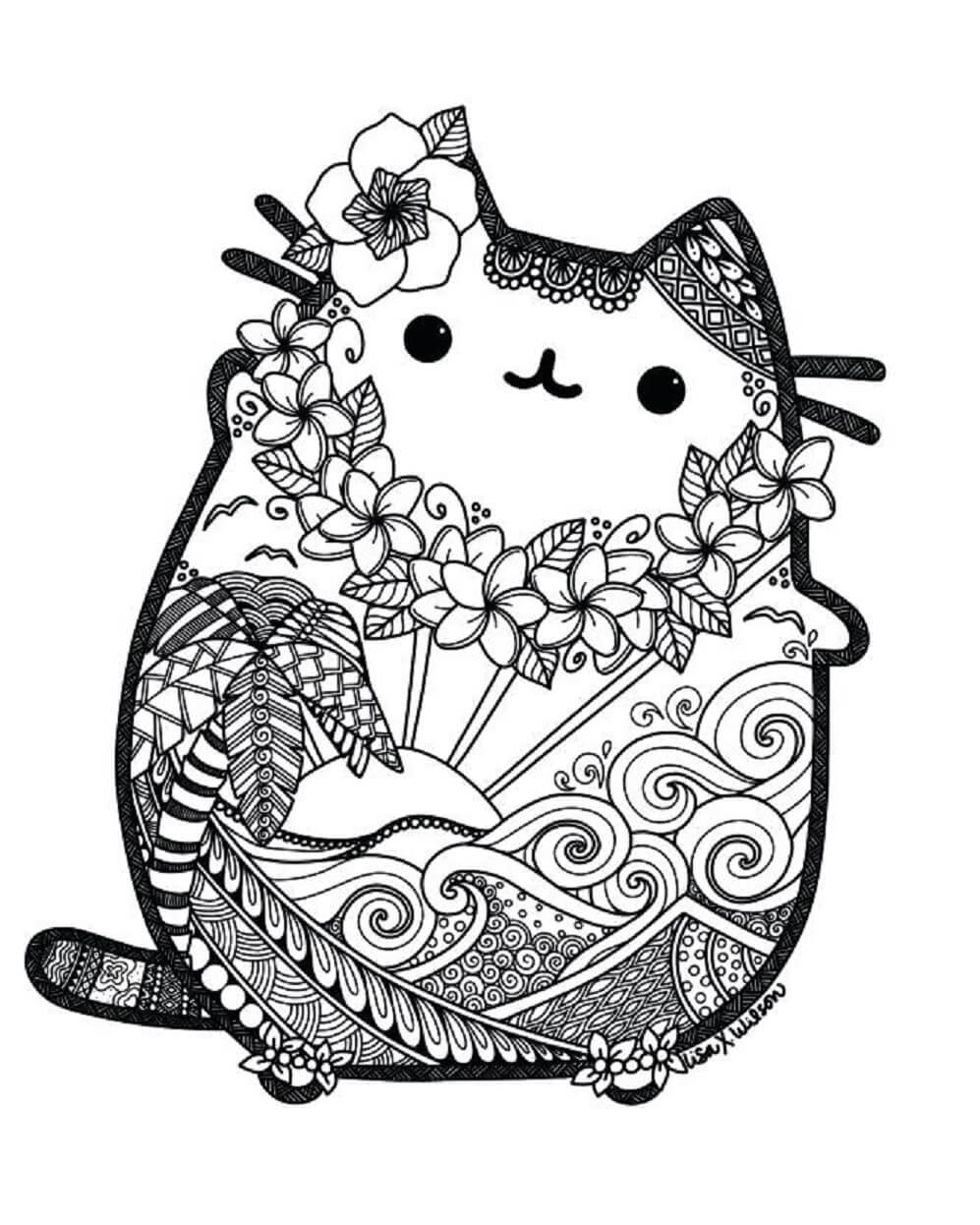 Cute pusheen mandala coloring page