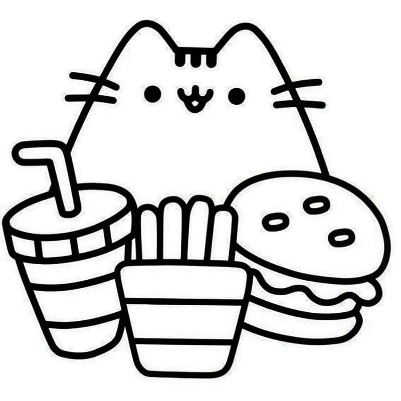 Pusheen and foods coloring page