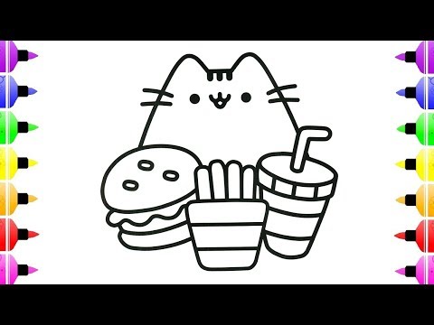 Pusheen cat eating coloring pages for kids