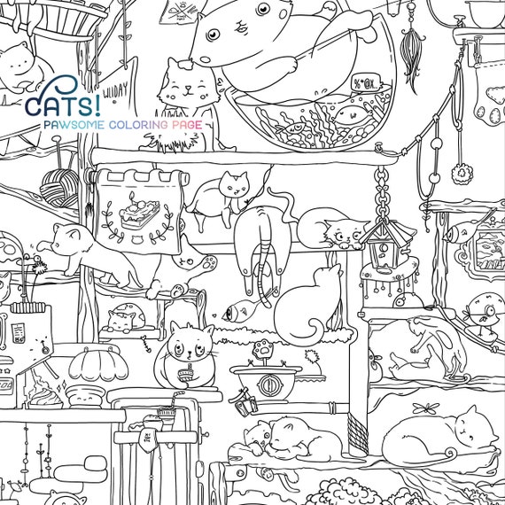 Cats adult coloring page no spring pdf printable kittens cute kawaii doodle kitty digi stamp digital download illustrated by jen katz download now