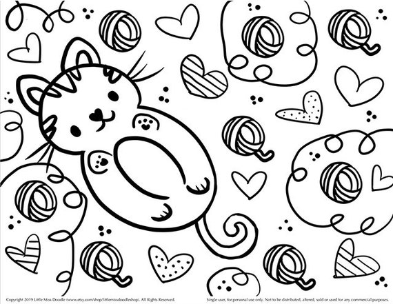 Kitty and yarn doodle printable cute kawaii coloring page for kids and adults download now