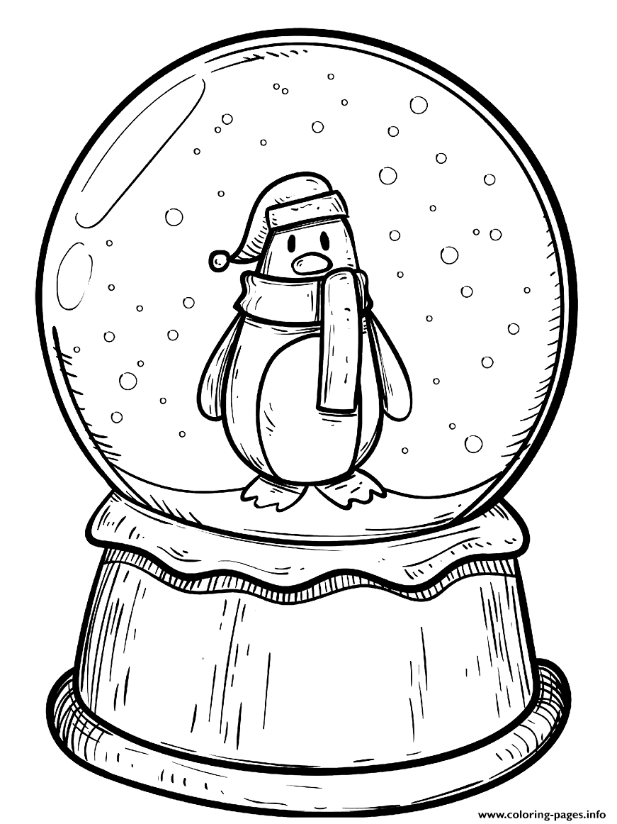 Christmas snow globe with penguin coloring page printable