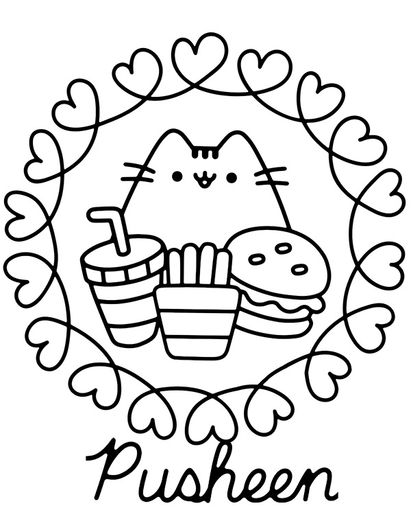 Pusheen coloring sheet with hearts