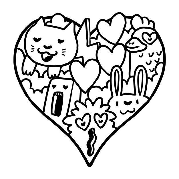 Premium vector heart doodle cute valentine coloring page