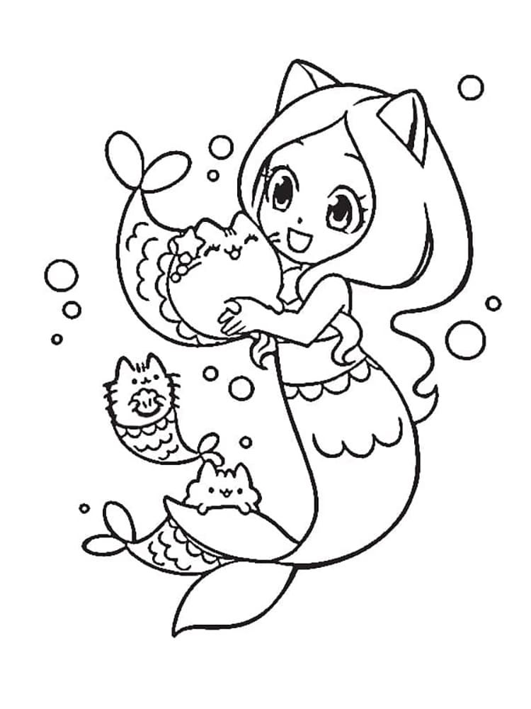 Pusheen and mermaid coloring page