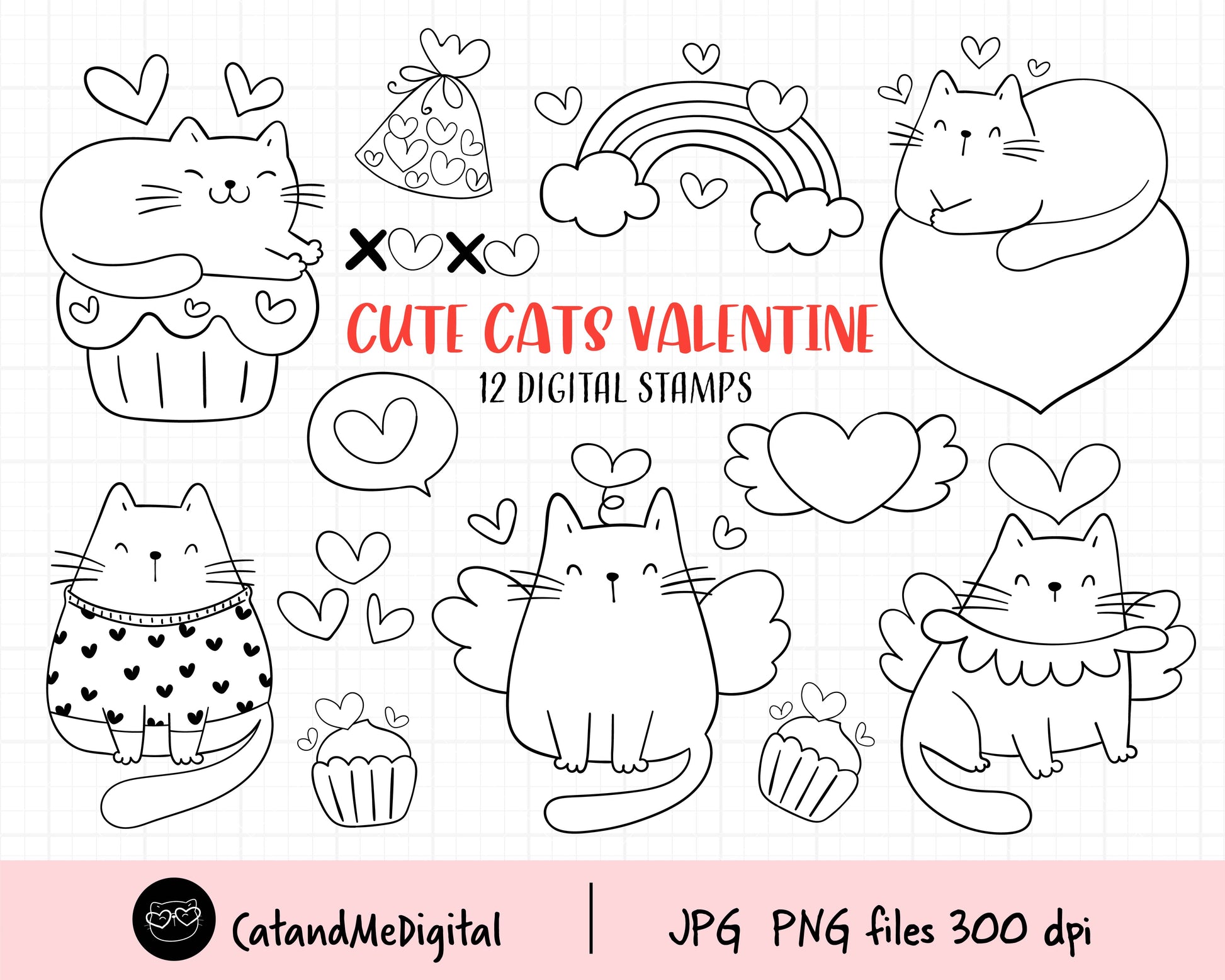 Valentine cat digital stamp clipart â