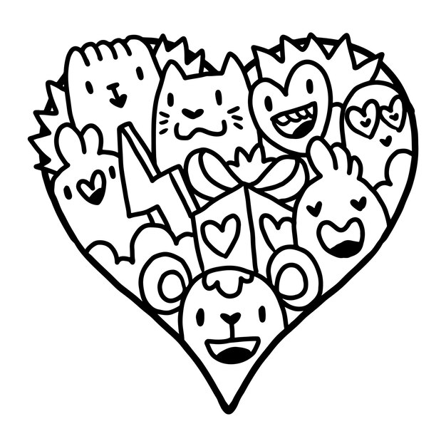 Premium vector heart doodle cute valentine coloring page