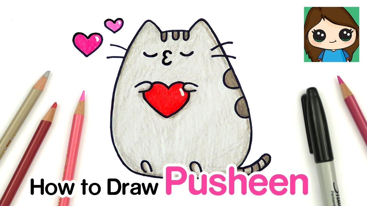 How to draw kissing pusheen valentines