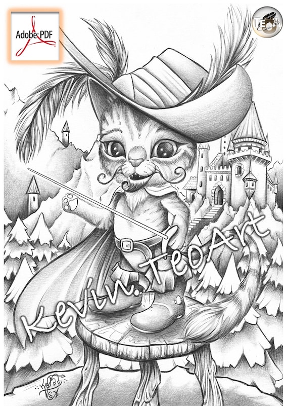 Puss in boots kevin teoart coloring page grayscale illustration coloring page download printable file pdf