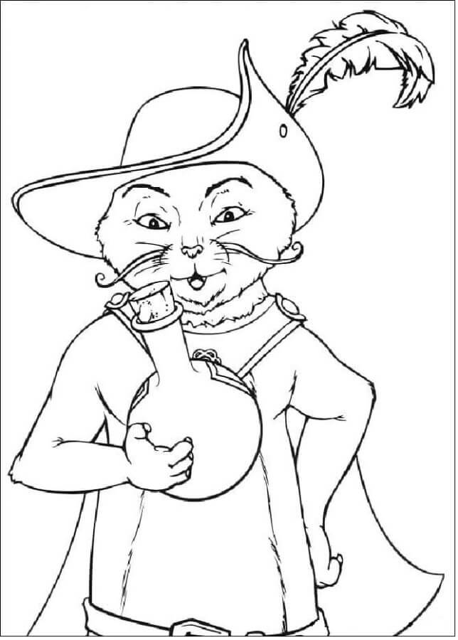 Puss in boots holding a chemical flask in his paw coloring page