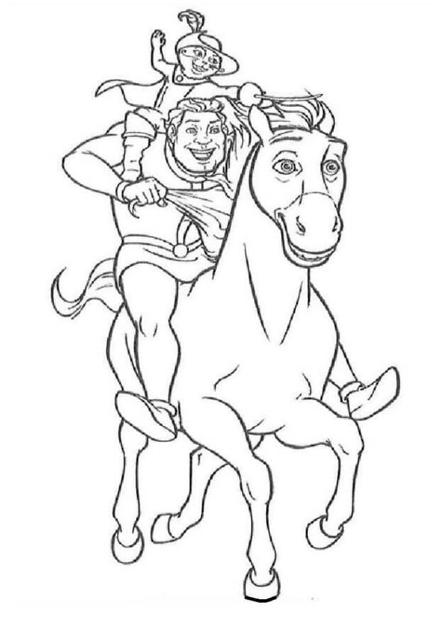 Puss in boots and shrek riding a horse coloring page