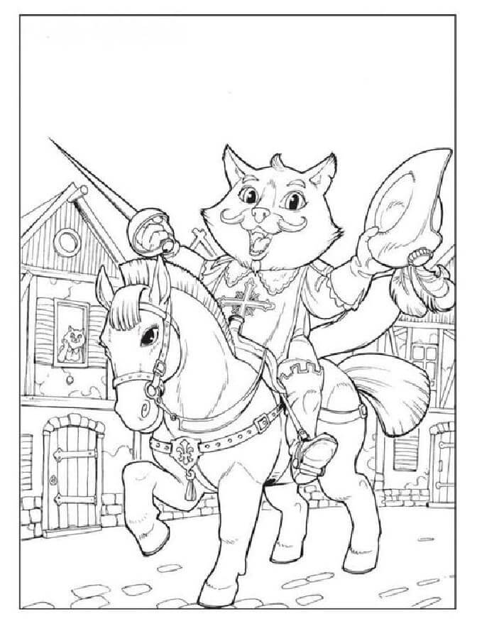 Puss in boots on horseback coloring page