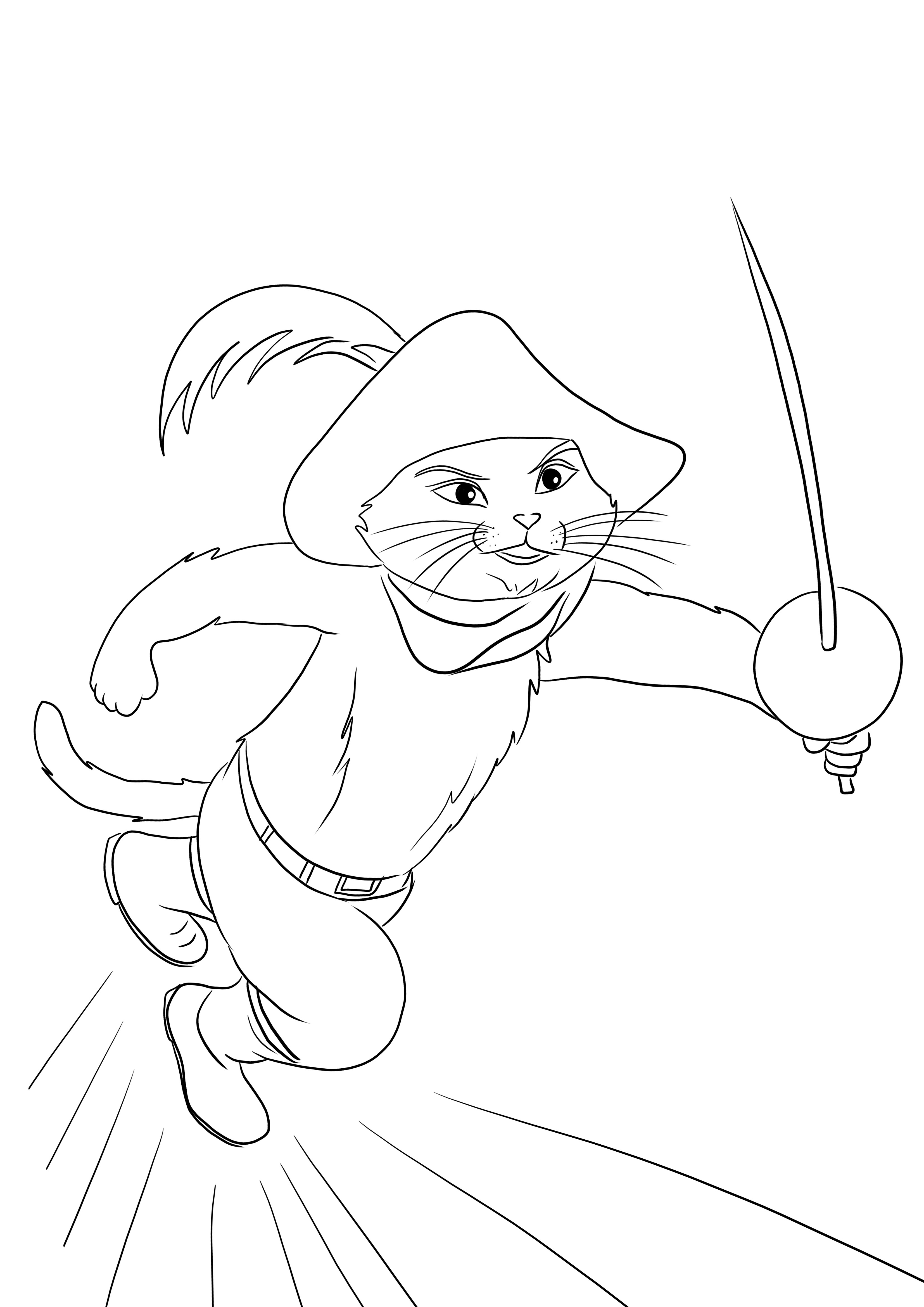 Free and easy coloring picture of puss in boots coming to rescue to print